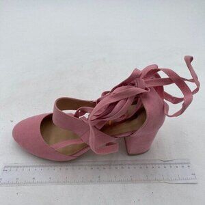 FSJ Light Pink Faux Suede Block Heel D'Orsay Round Toe Ankle Strap Lace Up Pump